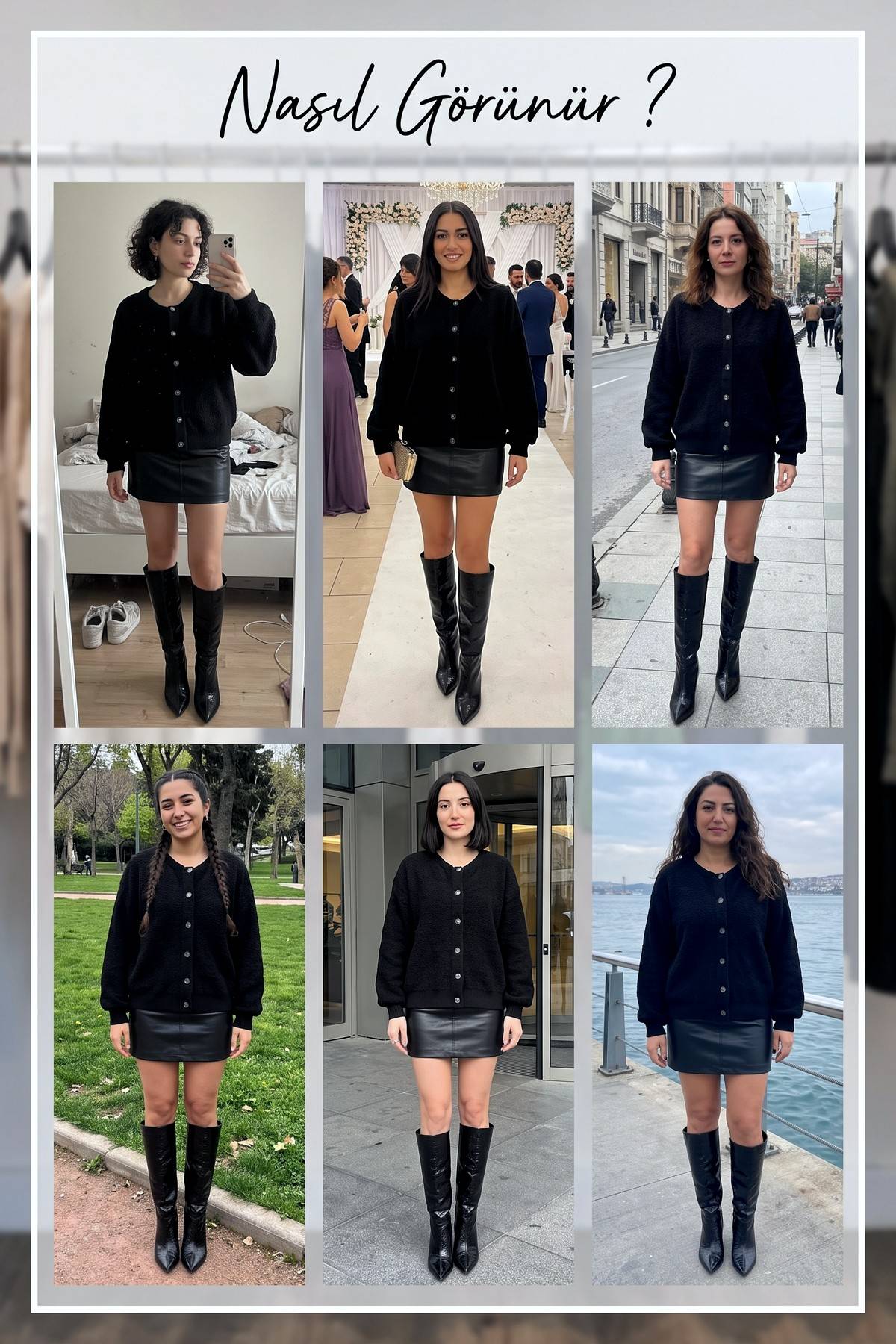 Kadın siyah hırka, V yaka, uzun kollu, düğmeli, farklı mekanlarda kombin önerileri