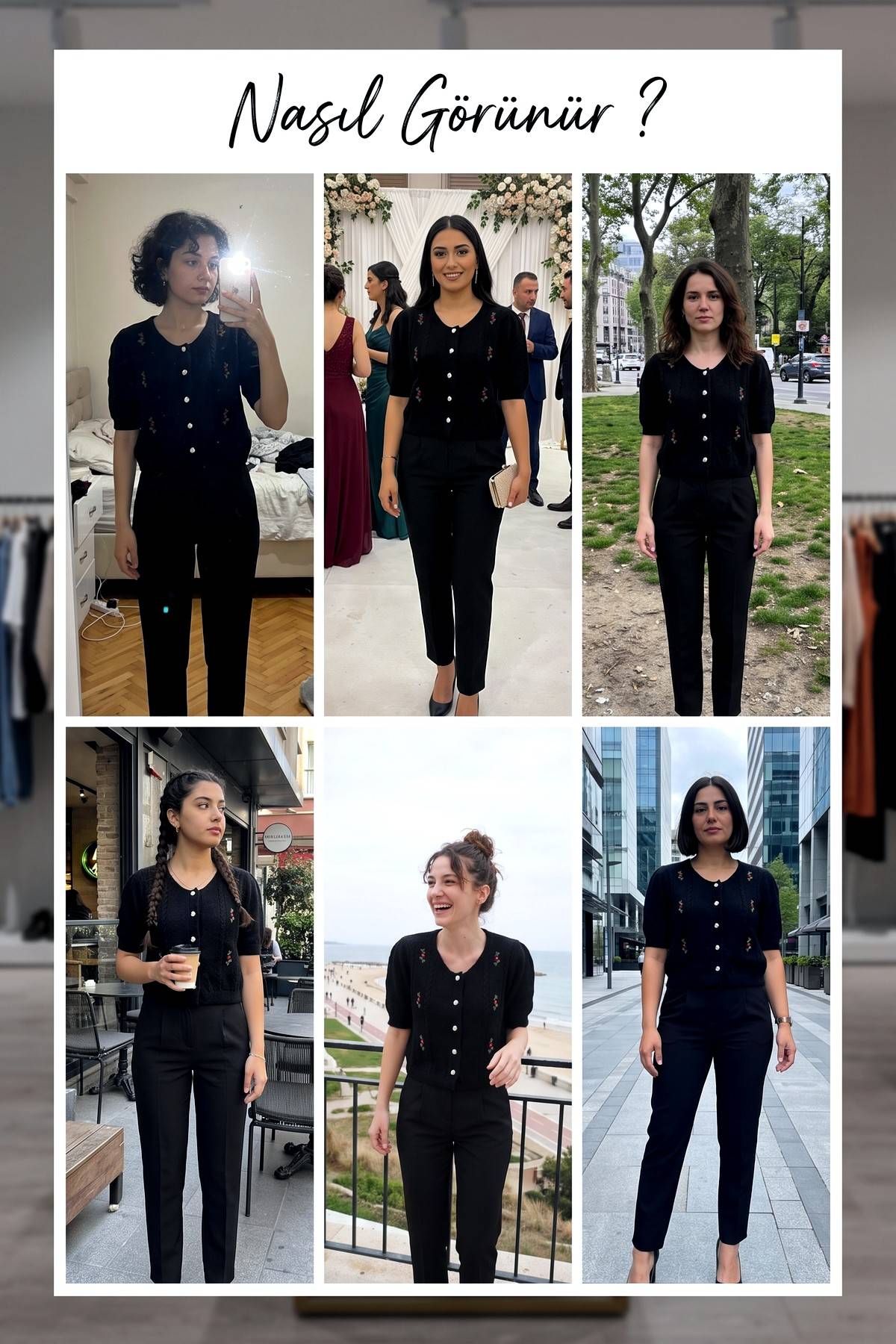 The ZKS siyah işlemeli yarım kol triko hırkanın farklı kombinlerdeki kullanımını gösteren kolaj görseller