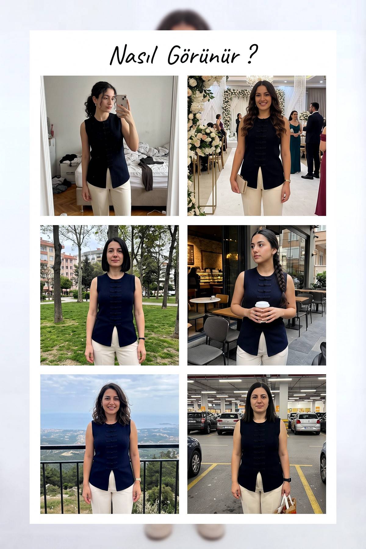 Kadın siyah kolsuz triko bluz, farklı mekanlarda giyim kombinleri