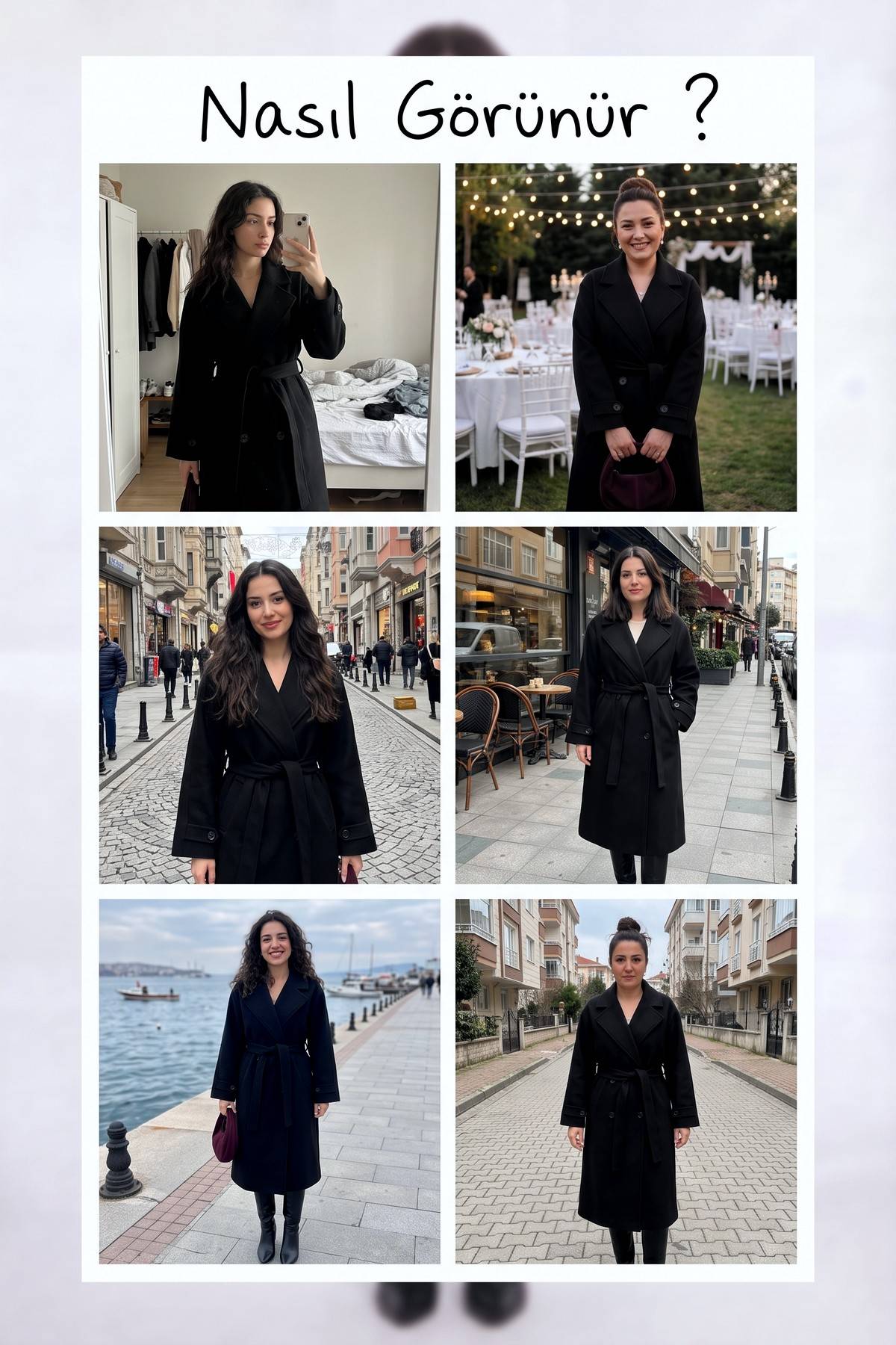 The ZKS kadın siyah kuşaklı kaban, farklı mekanlarda giyim stilini gösteren kolaj, günlük kullanım