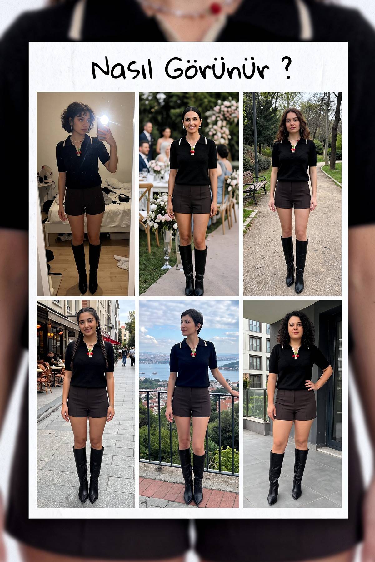 Farklı mekanlarda giyilmiş siyah polo yaka triko üst kombinleri kolajı
