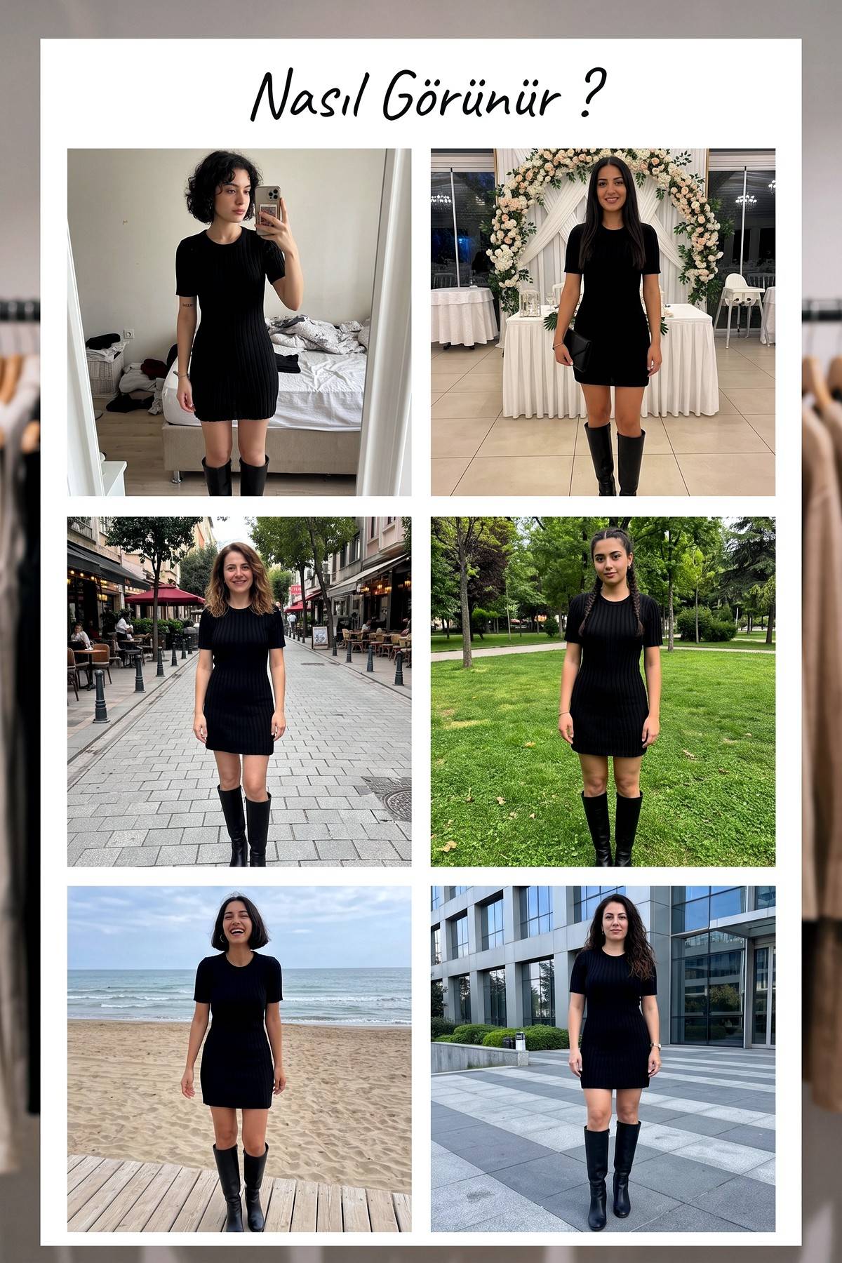 Farklı mekanlarda kombinlenmiş The ZKS siyah triko mini elbise, kısa kollu, bisiklet yaka modelleri