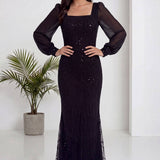 Siyah Kare Yaka Şifon Kol İşlemeli Balık Abiye Elbise