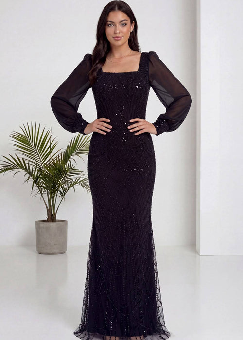 Siyah Kare Yaka Şifon Kol İşlemeli Balık Abiye Elbise