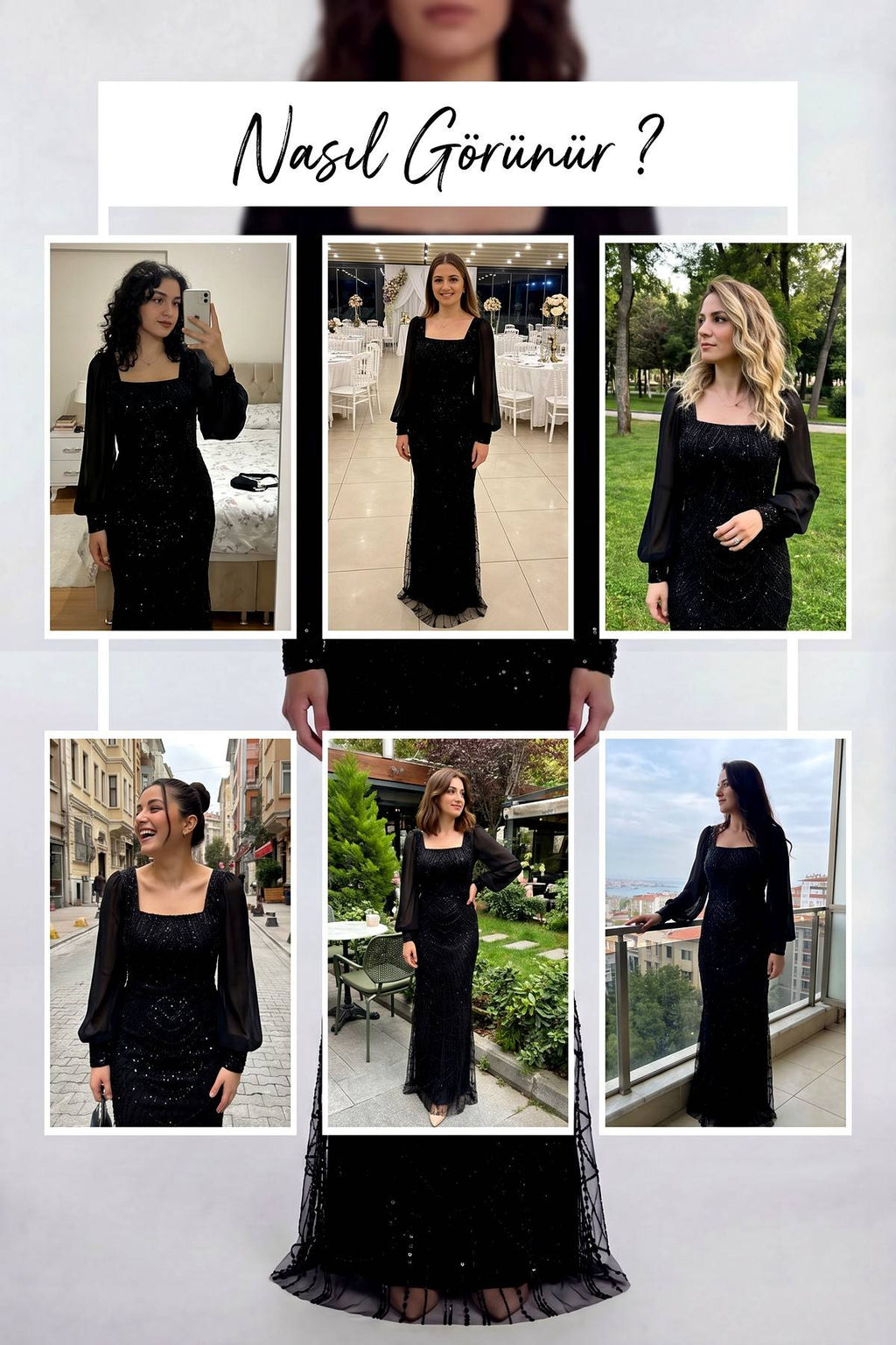 The ZKS siyah kare yaka balık abiye, farklı mekanlarda çekilmiş kolaj görünümü