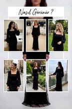 The ZKS siyah kare yaka balık abiye, farklı mekanlarda çekilmiş kolaj görünümü