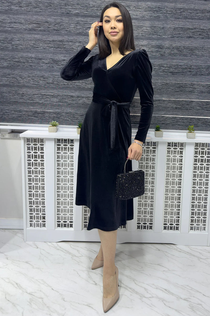 Siyah Kadın Karpuz Kol Kruvaze Kadife Kuşaklı Büyük Beden Elbise

