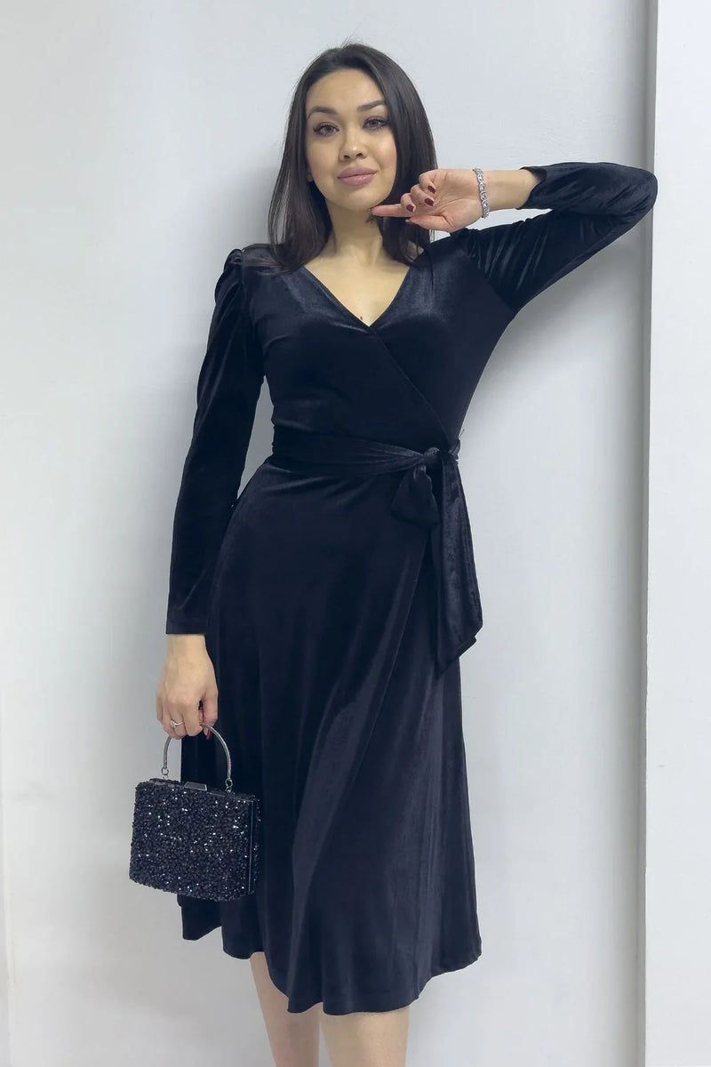 Siyah Kadın Karpuz Kol Kruvaze Kadife Kuşaklı Büyük Beden Elbise

