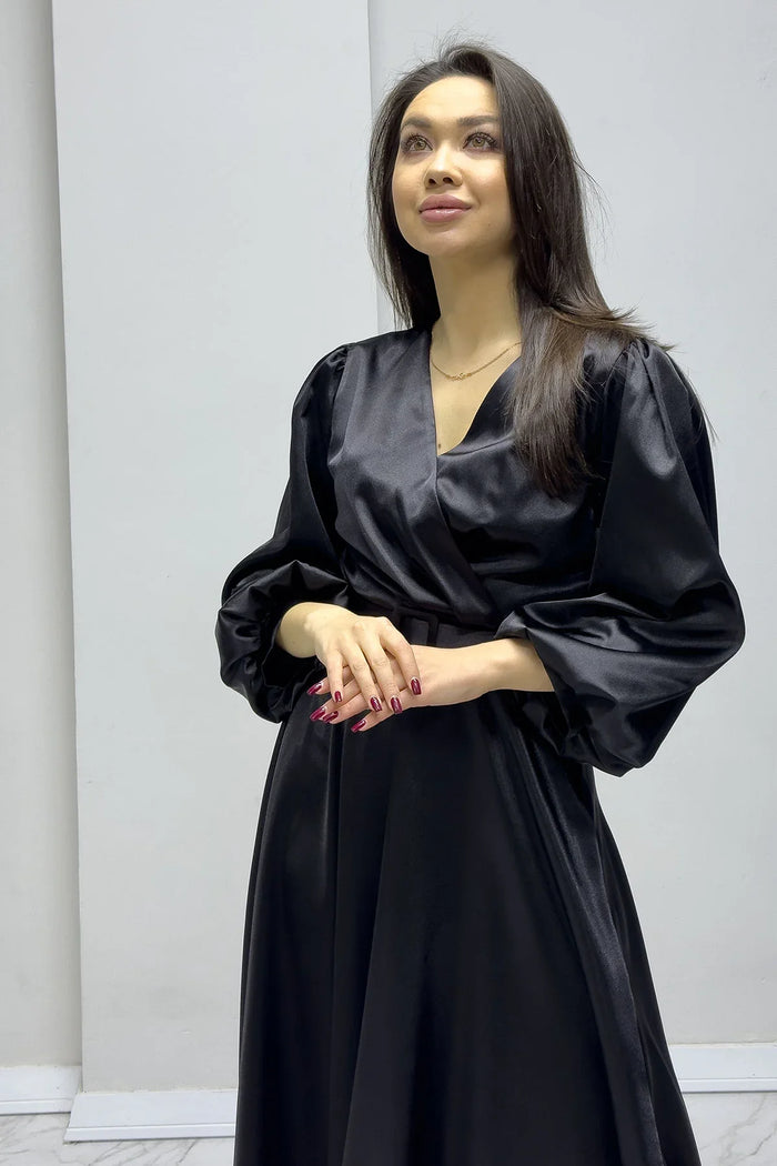 Siyah Kemerli Saten Büyük Beden Abiye Elbise

