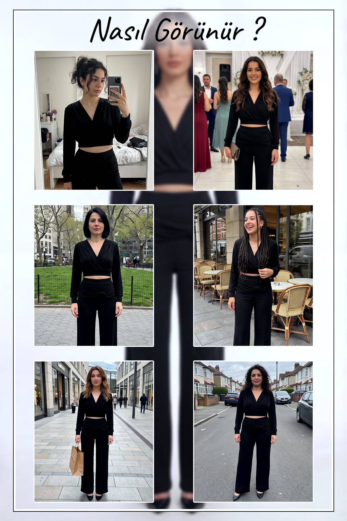 The ZKS siyah kruvaze crop bluz ve bol paça pantolon ikili takımın farklı mekanlarda kullanımını gösteren kolaj