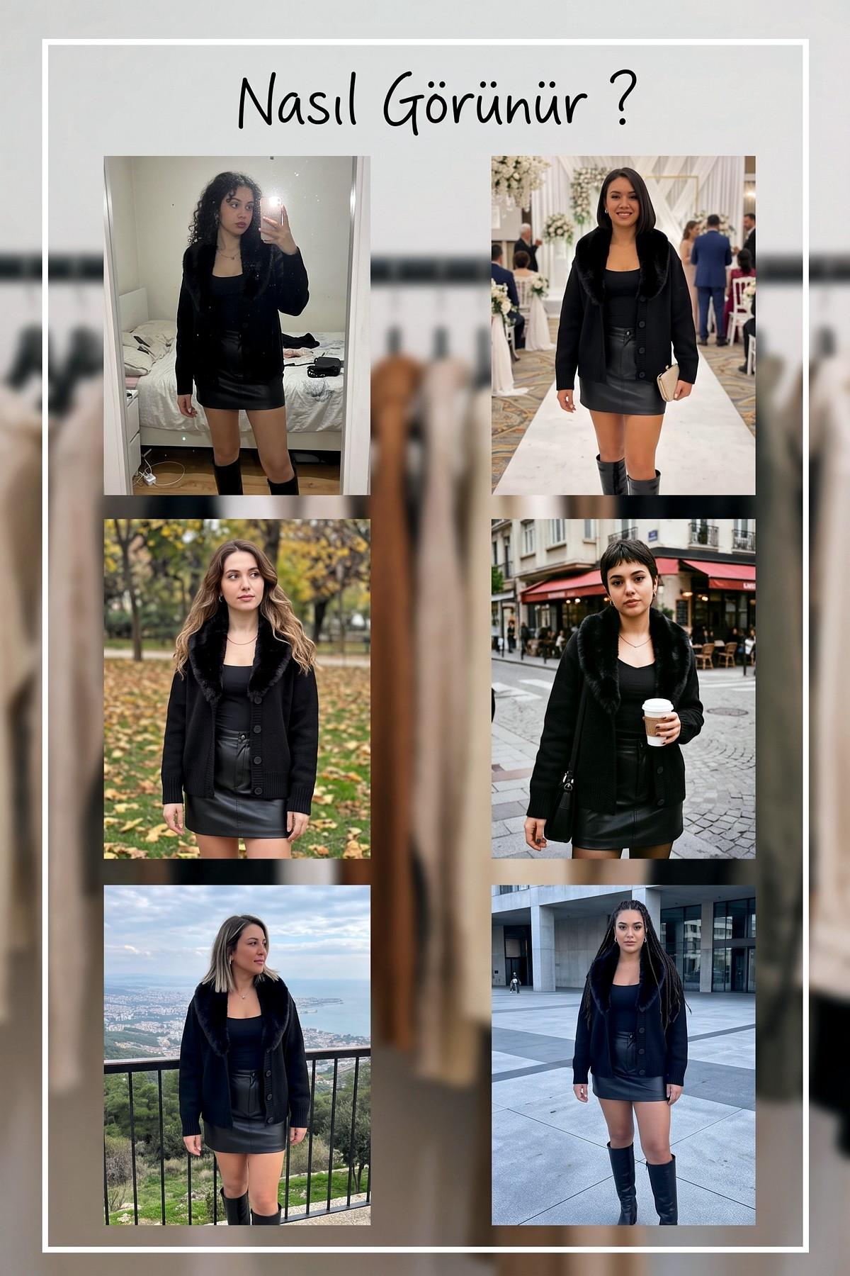 Farklı modellerin The ZKS siyah kürk yakalı triko hırkasını giydiği kolaj görsel