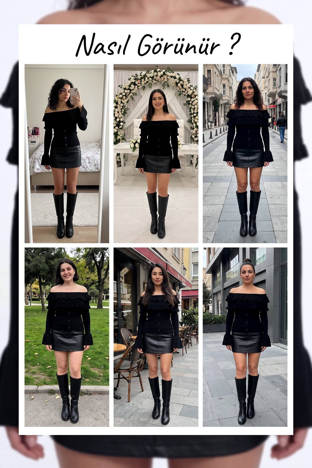 Siyah, fırfır detaylı, omuzları açık, fitilli triko bluz farklı mekanlarda çekilmiş görünümleri
