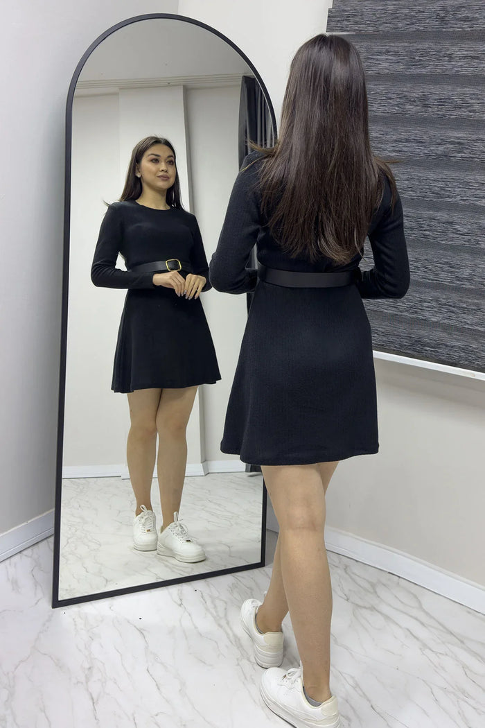 Siyah Kemerli Mini Kaşkorse Uzun Kollu Elbise

