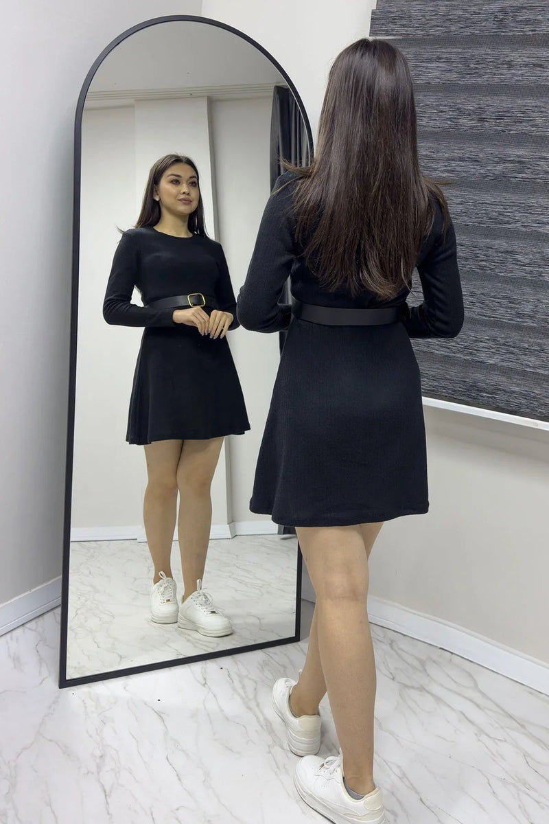 Siyah Kemerli Mini Kaşkorse Uzun Kollu Elbise

