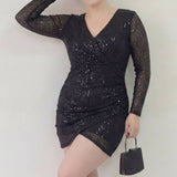 Siyah Payet Kruvaze Drapeli Mini Abiye Elbise