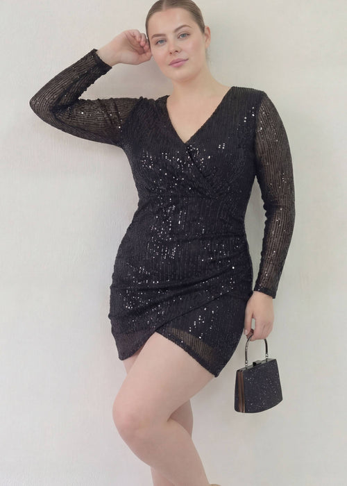 Siyah Payet Kruvaze Drapeli Mini Abiye Elbise