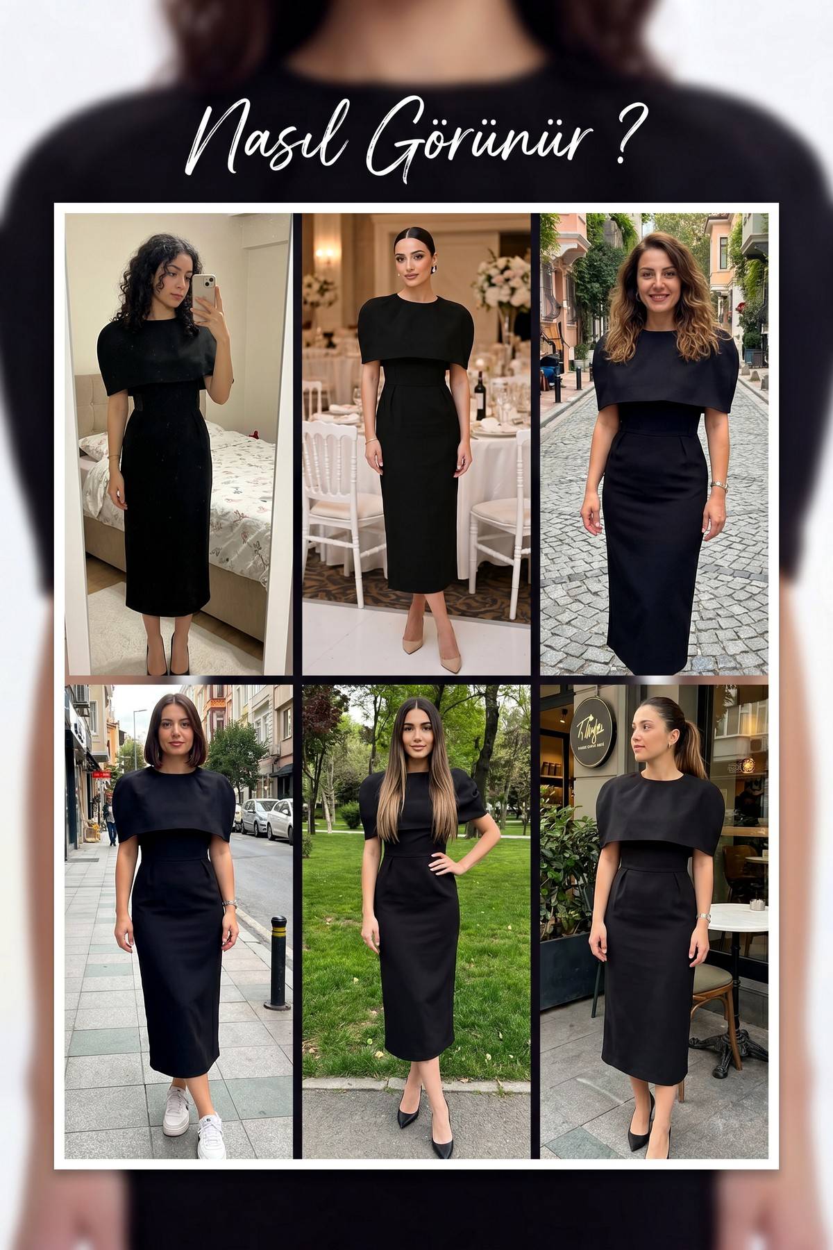 The ZKS siyah pelerinli midi boy kare yaka abiye elbise farklı ortamlarda kullanım örnekleri