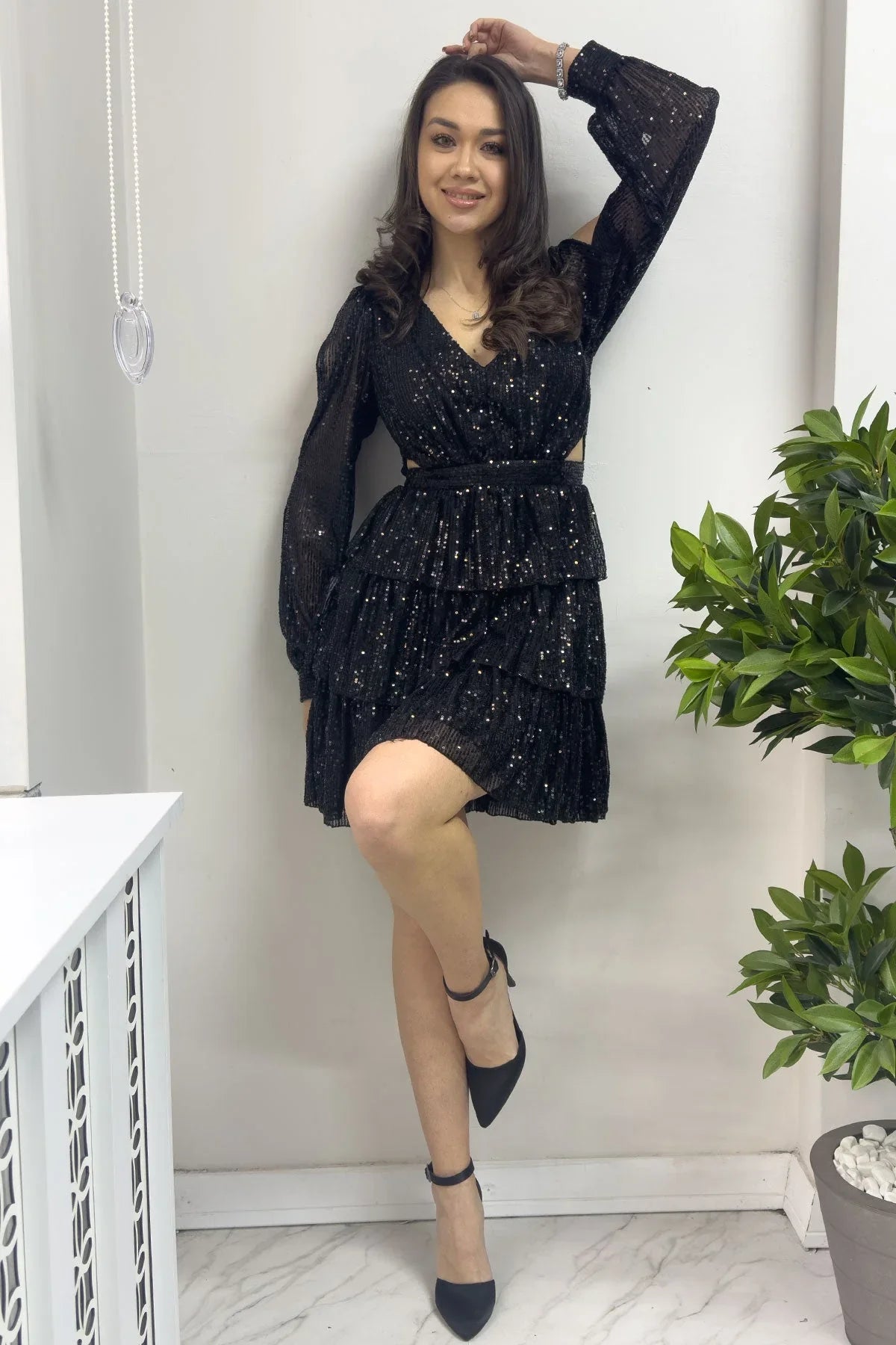 Siyah Pul Payet Sırt Dekolteli Mini After Abiye Elbise - the ZKS