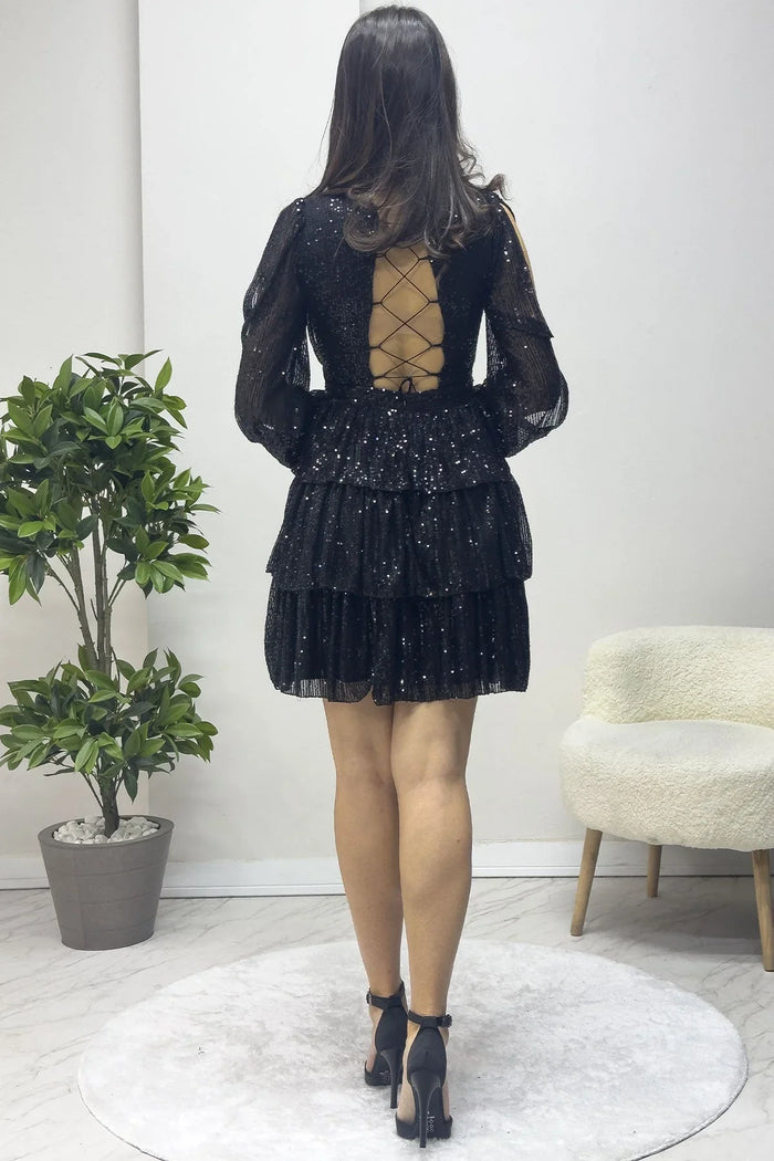 Siyah Pul Payet Sırt Dekolteli Mini After Abiye Elbise - the ZKS