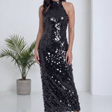 Siyah Pulpayet Halter Yaka Midi Abiye Elbise