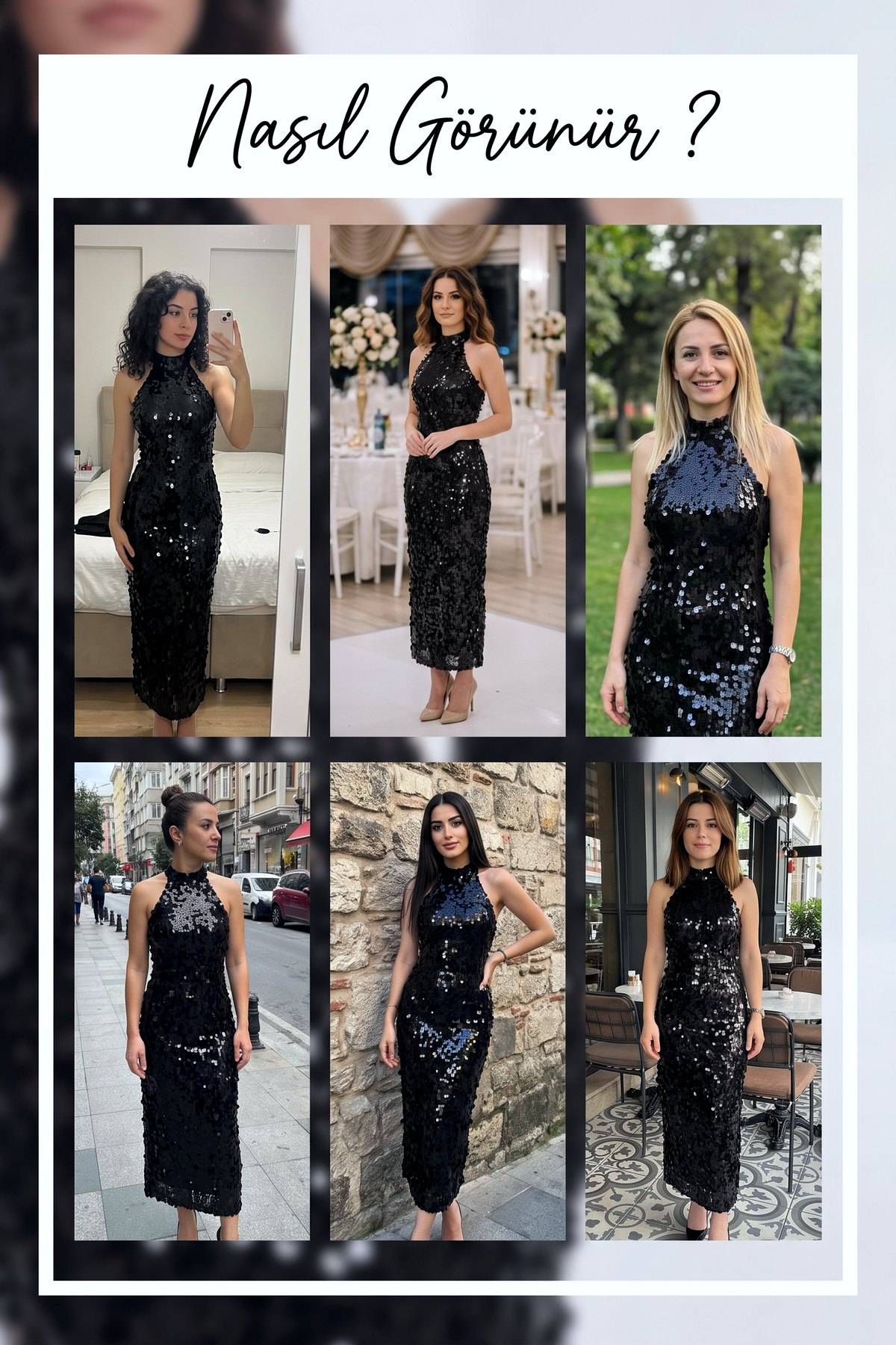 Farklı modellerin ZKS Pulpayet Halter Yaka Midi Abiye Elbise ile farklı ortamlarda görünümleri kolajı