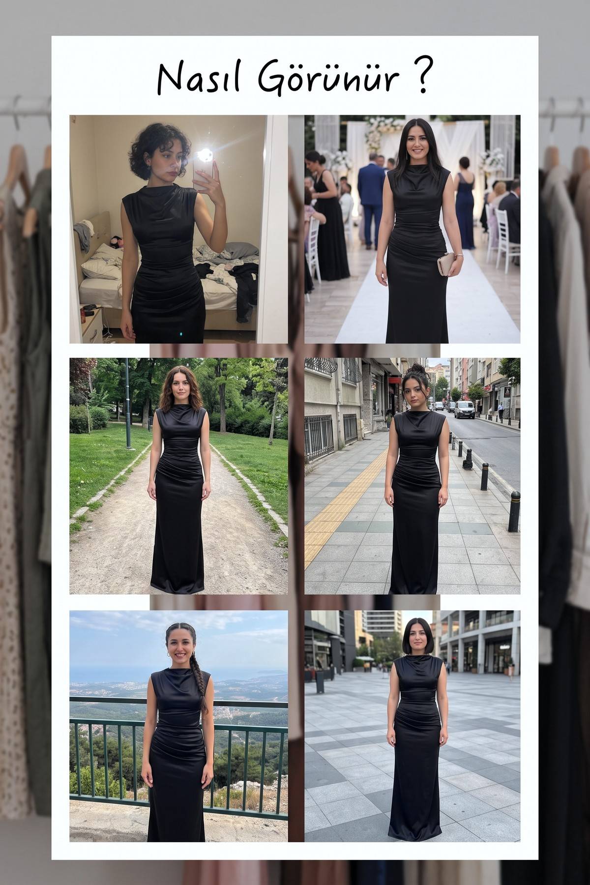 The ZKS siyah saten abiye elbise, farklı mekanlarda çekilmiş stil görünümleri