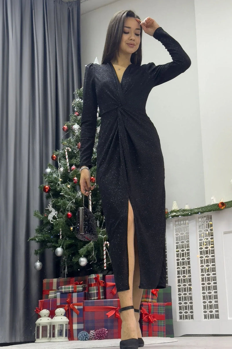 Siyah Simli V Yaka Büzgü Detaylı Midi Elbise - the ZKS