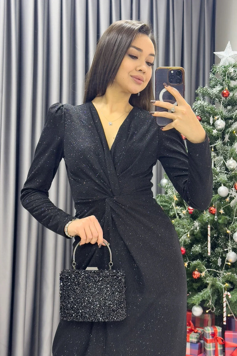 Siyah Simli V Yaka Büzgü Detaylı Midi Elbise - the ZKS