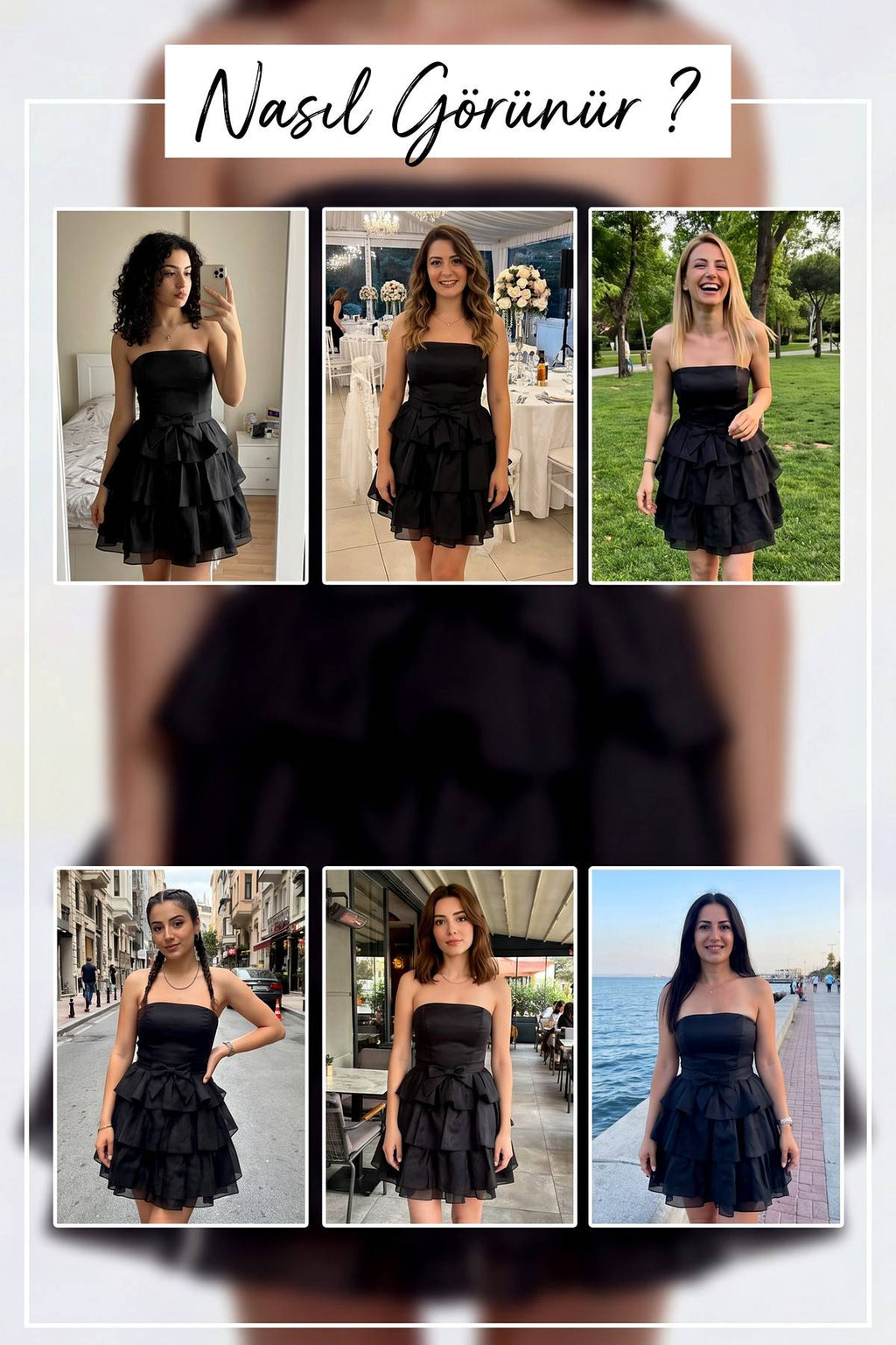 Siyah Straplez Fiyonklu Fırfır Etekli Kısa Abiye Elbise  - Siyah