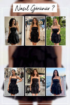 Siyah Straplez Fiyonklu Fırfır Etekli Kısa Abiye Elbise  - Siyah