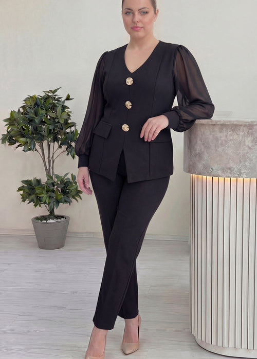 Siyah Gold Düğmeli Şifon Kol Büyük Beden İkili Takım