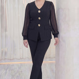 Siyah Gold Düğmeli Şifon Kol Büyük Beden İkili Takım