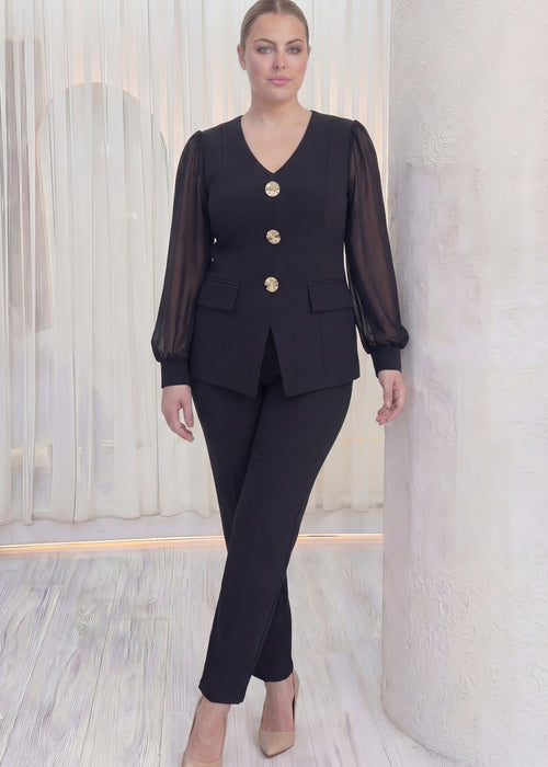 Siyah Gold Düğmeli Şifon Kol Büyük Beden İkili Takım