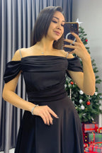 Siyah Taş Askılı Düşük Omuz Saten Yırtmaçlı Abiye Elbise - the ZKS