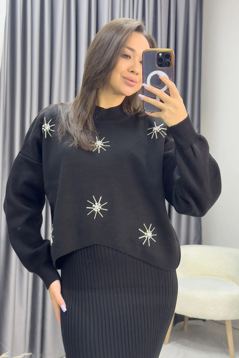 Siyah Taş İşlemeli Elbise Kazak Triko İkili Takım