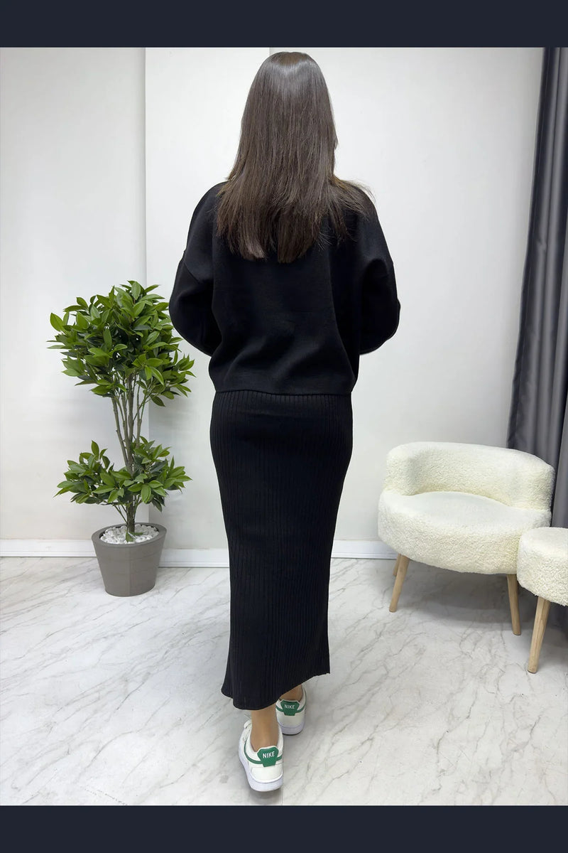 Siyah Taş İşlemeli Elbise Kazak Triko İkili Takım