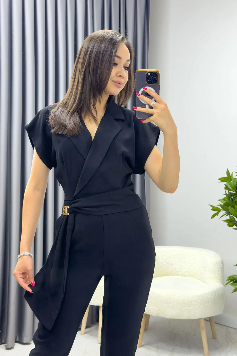 Kadın Siyah Kruvaze Gold Detaylı Tulum