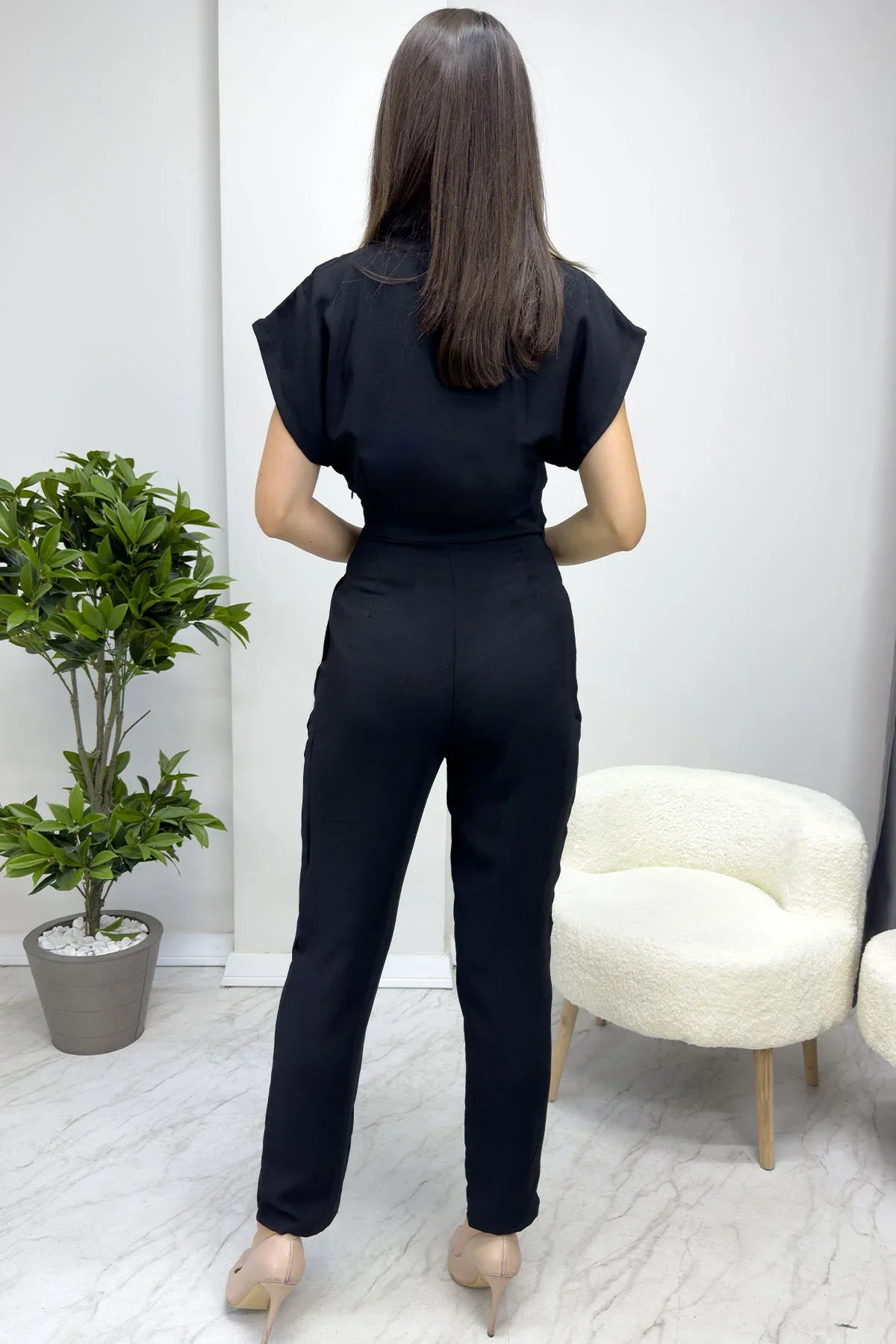 Kadın Siyah Kruvaze Gold Detaylı Tulum