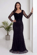 The ZKS siyah boncuk işlemeli degaje yaka uzun kollu abiye elbise ön görünüm