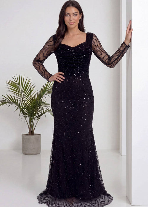 Siyah Uzun Kol Boncuk İşlemeli Degaje Yaka Abiye Elbise