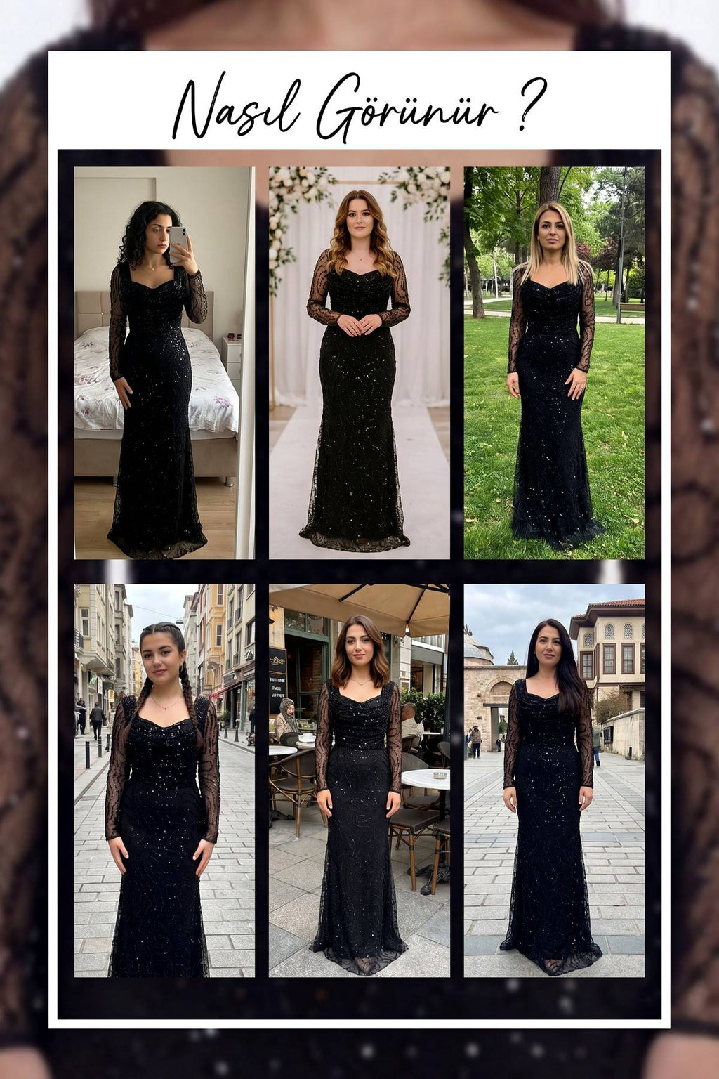 The ZKS siyah boncuk işlemeli degaje yaka abiye elbise farklı mekanlarda giyim örnekleri