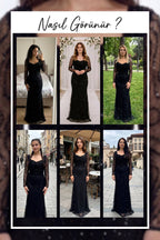 The ZKS siyah boncuk işlemeli degaje yaka abiye elbise farklı mekanlarda giyim örnekleri