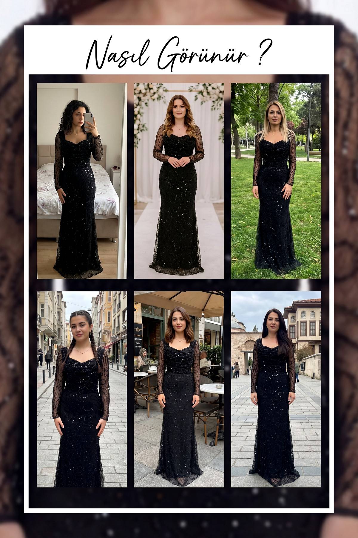 The ZKS siyah boncuk işlemeli degaje yaka abiye elbise farklı mekanlarda giyim örnekleri