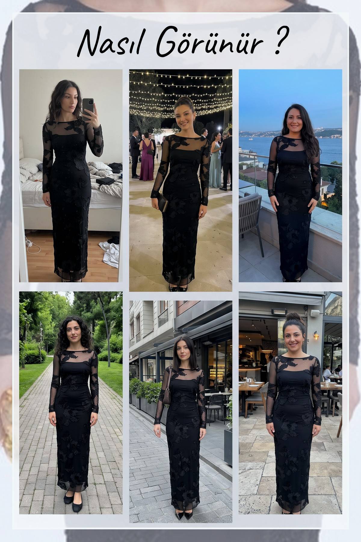 The ZKS siyah işlemeli midi abiye elbisenin farklı ortamlardaki kullanımını gösteren kolaj