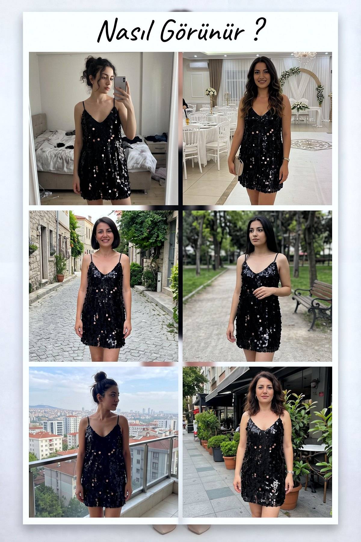 Siyah payetli mini elbise V yaka askılı, farklı mekanlarda kullanım örnekleri, stil çeşitliliği