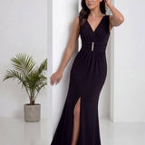 Siyah V Yaka Piliseli Taş Detaylı Abiye Elbise