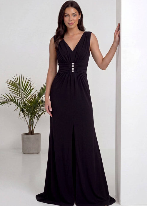 Siyah V Yaka Piliseli Taş Detaylı Abiye Elbise