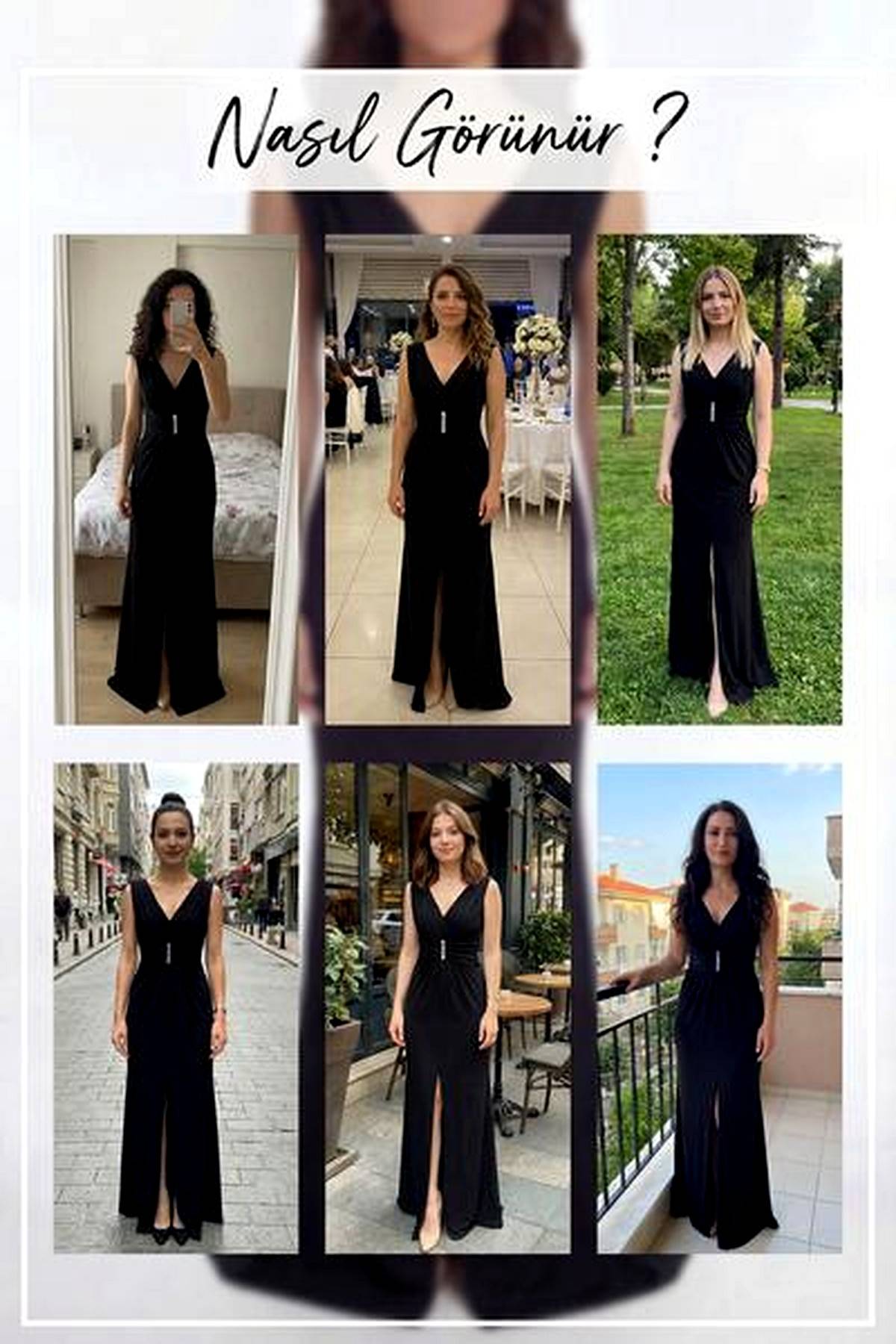 Farklı mekanlarda ZKS siyah V yaka ön yırtmaçlı abiye elbise giyim örnekleri
