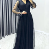 Siyah V Yaka Tül Abiye Elbise