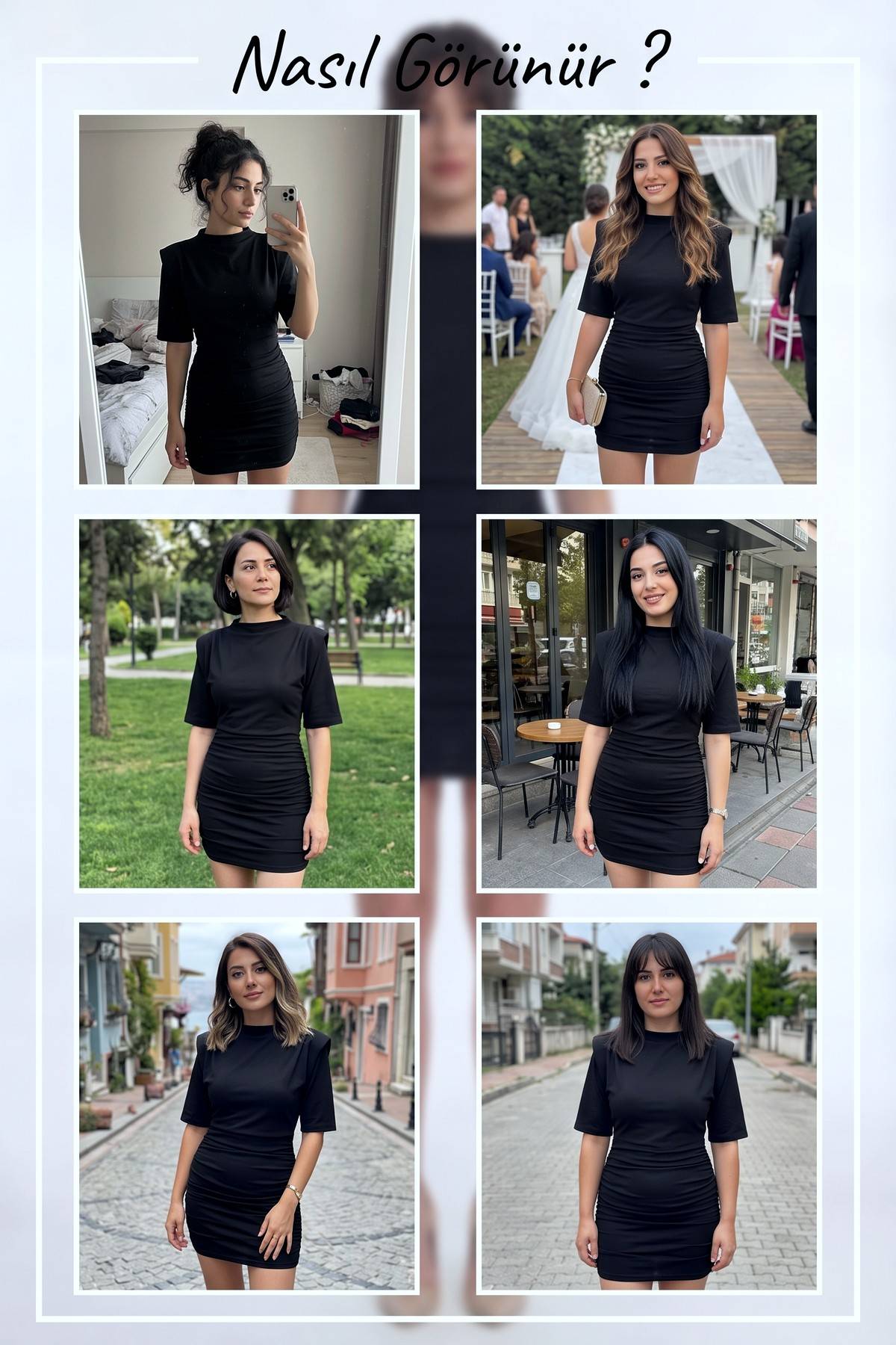 Siyah vatkalı elbise, yan büzgülü etek kısmı ve dik yaka tasarımıyla şık bir stil sunuyor